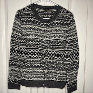 Talbots Medium Petite Lambswool Blend Gray Fair Isle Beaded Embellished Cardigan